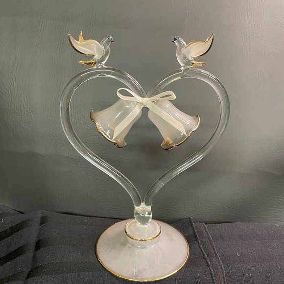 Doves & Wedding Bells Decor Cake top Handblown Glass Sculpture Clear w/Gold Trim - Picture 5 of 8
